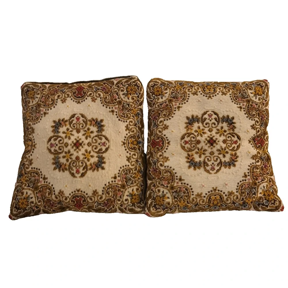 Set of 2 VTG Avocado Velvet Pillows Tapestry Floral 1960s Cottagecore 12 x 12